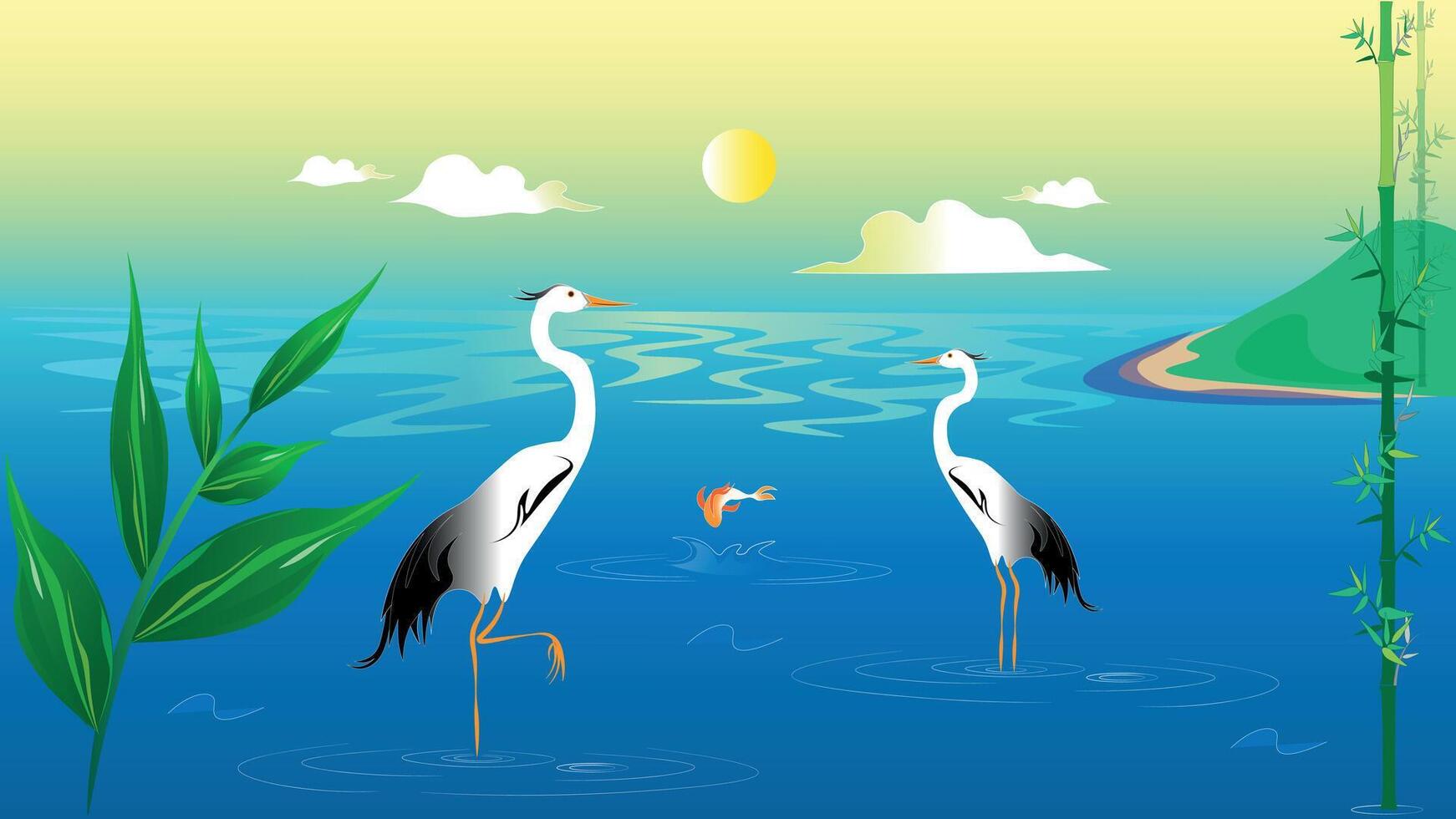An ocean landscape with noble herons against a backdrop of golden sunshine. vector