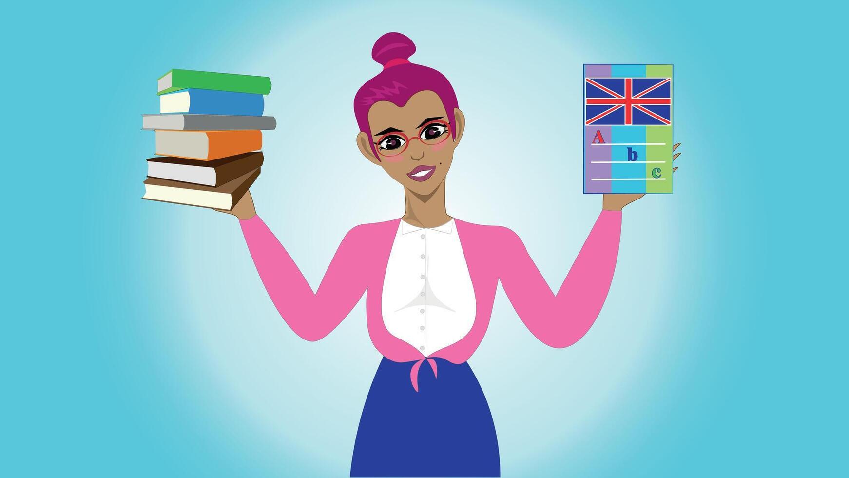 The lady is holding foreign language textbooks, an English textbook. vector