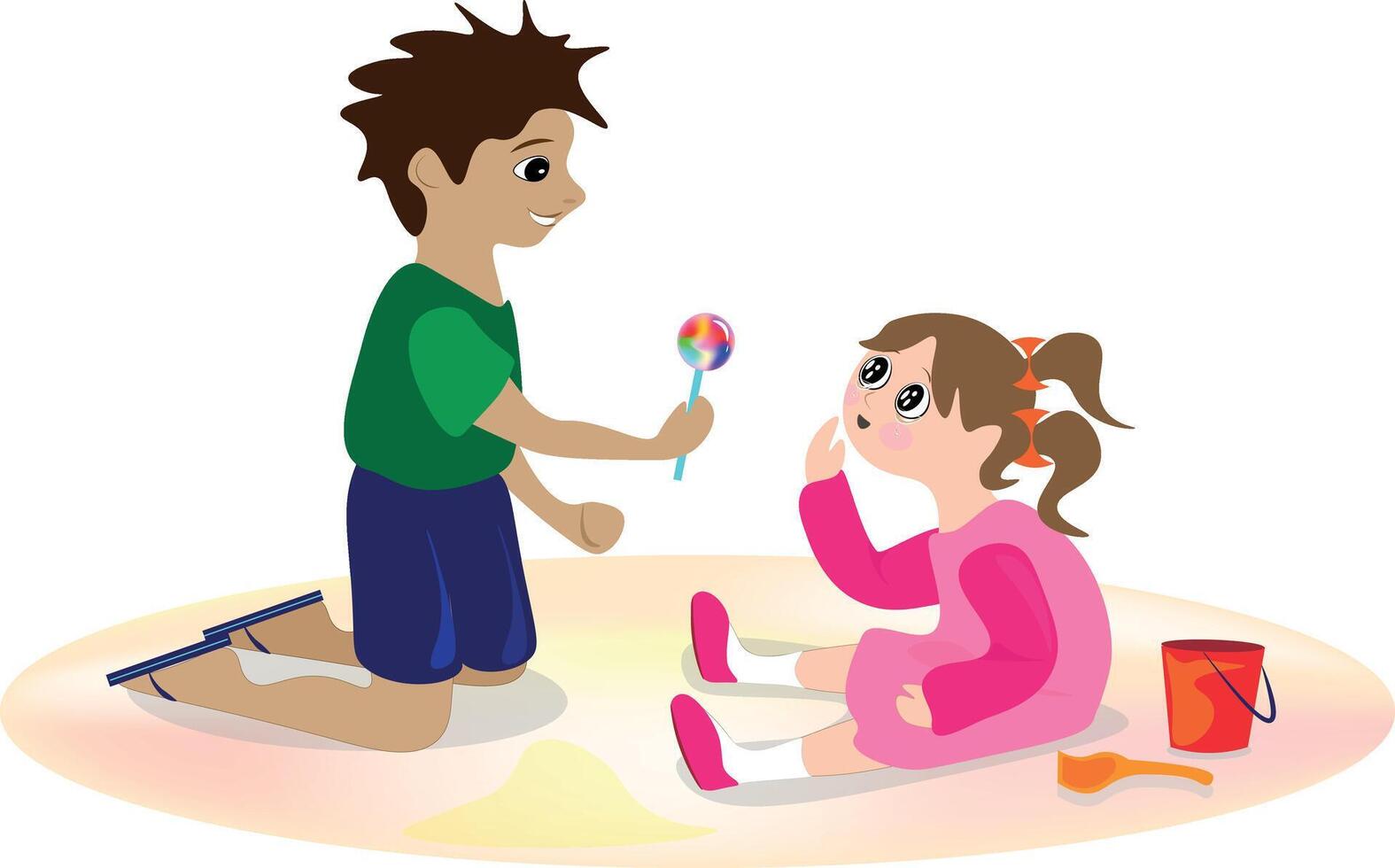 Children s day illustration. A little cute girl sits and cries, but a kind little boy brought her candy to comfort the little girl vector