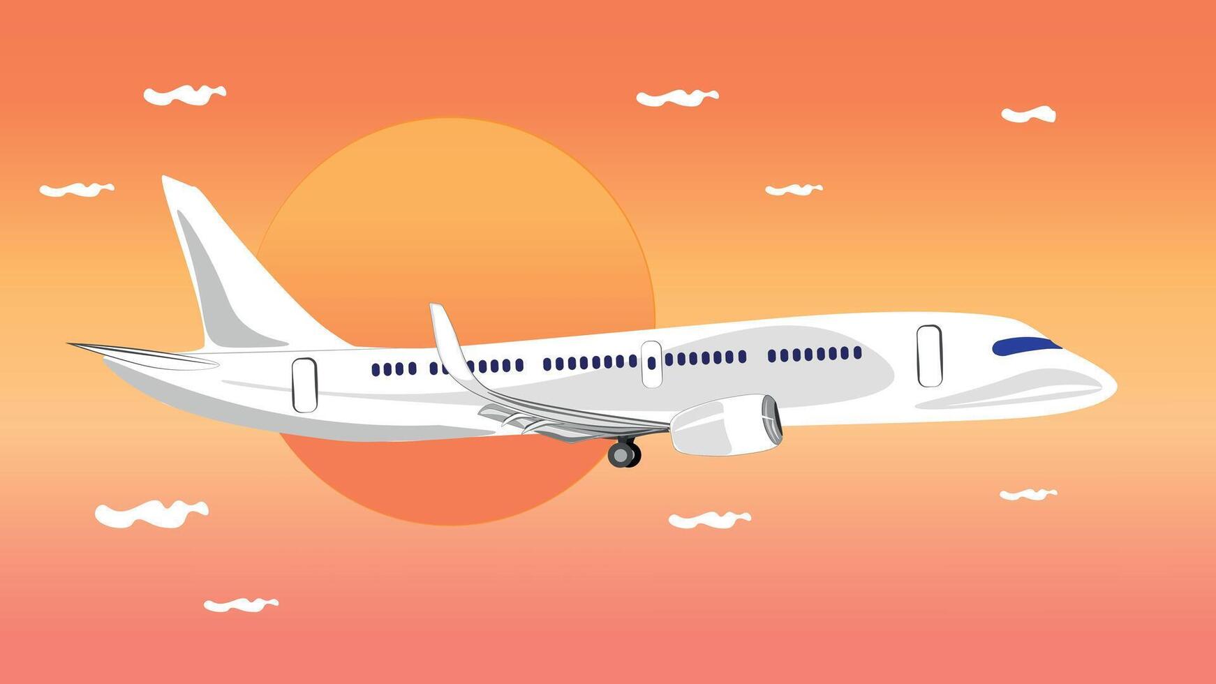 A plane flying in the sky against a background of sunset and clouds. vector