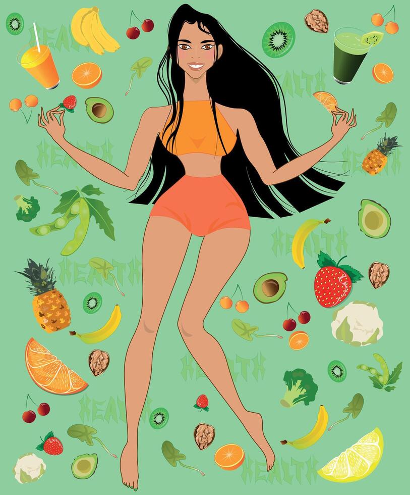 A lady happily smiling full of life in a Healthy lifestyle filled with fresh fruit and vegetables, nuts and herbs vector