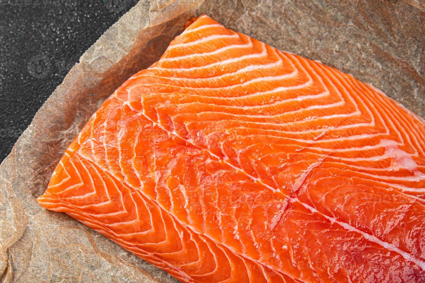 salmon fillet raw red fish seafood appetizer meal food snack on the table copy space food background rustic top view vegetarian food no met Pescetarian photo