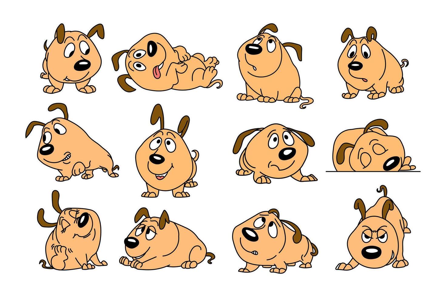 Set of drawn funny comical dogs with different emotions. Children's print, cartoon illustration vector