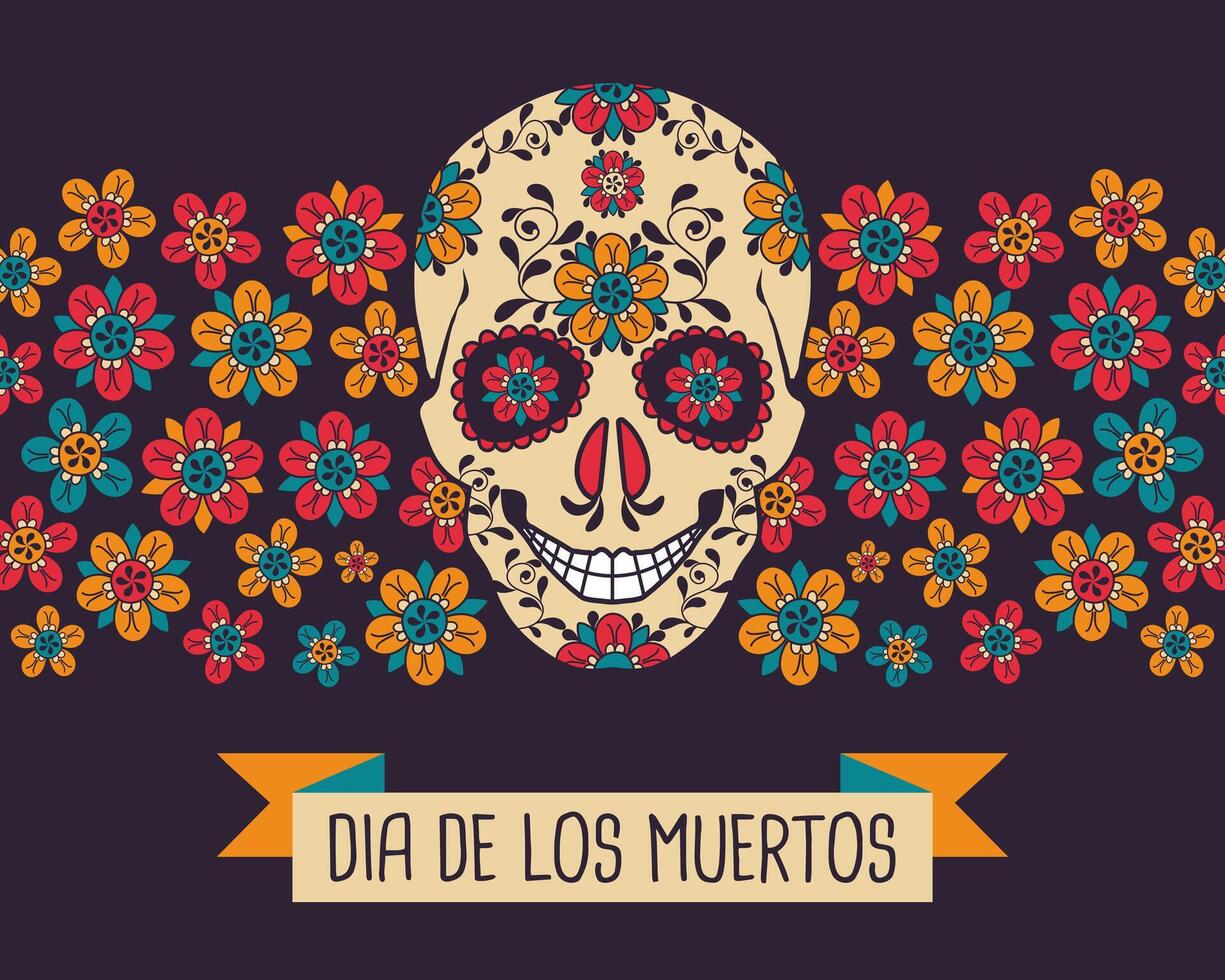Dia de Los Muertos poster with decorated skull and flowers on a dark background. Mexican Day of the Dead. Banner with traditional Mexican floral elements. vector
