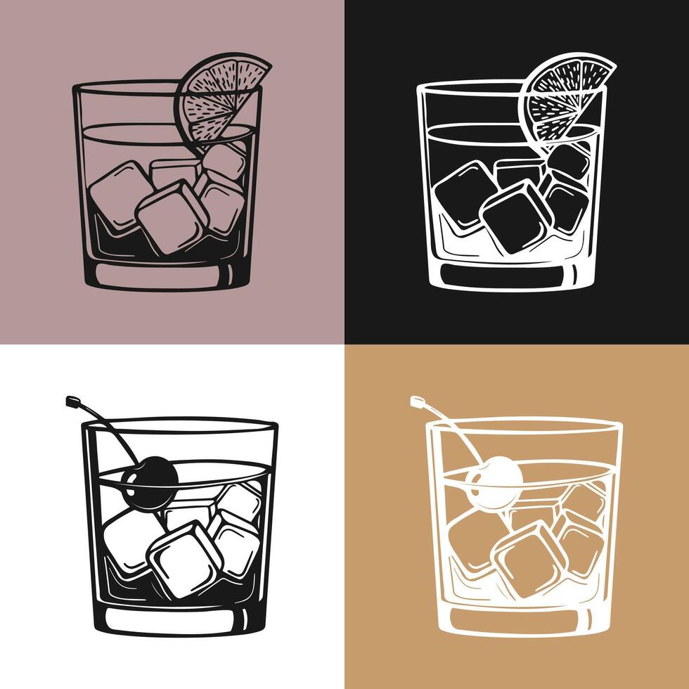 Line art set, whiskey glasses with lemon and cherry. Drinks illustration vector