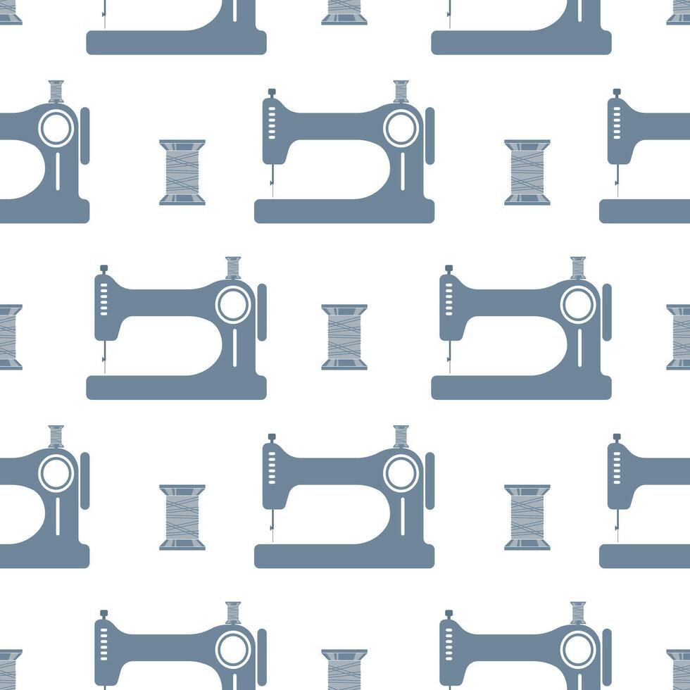 Seamless pattern, sewing machines and sewing spools of thread on a white background. Print, textile vector