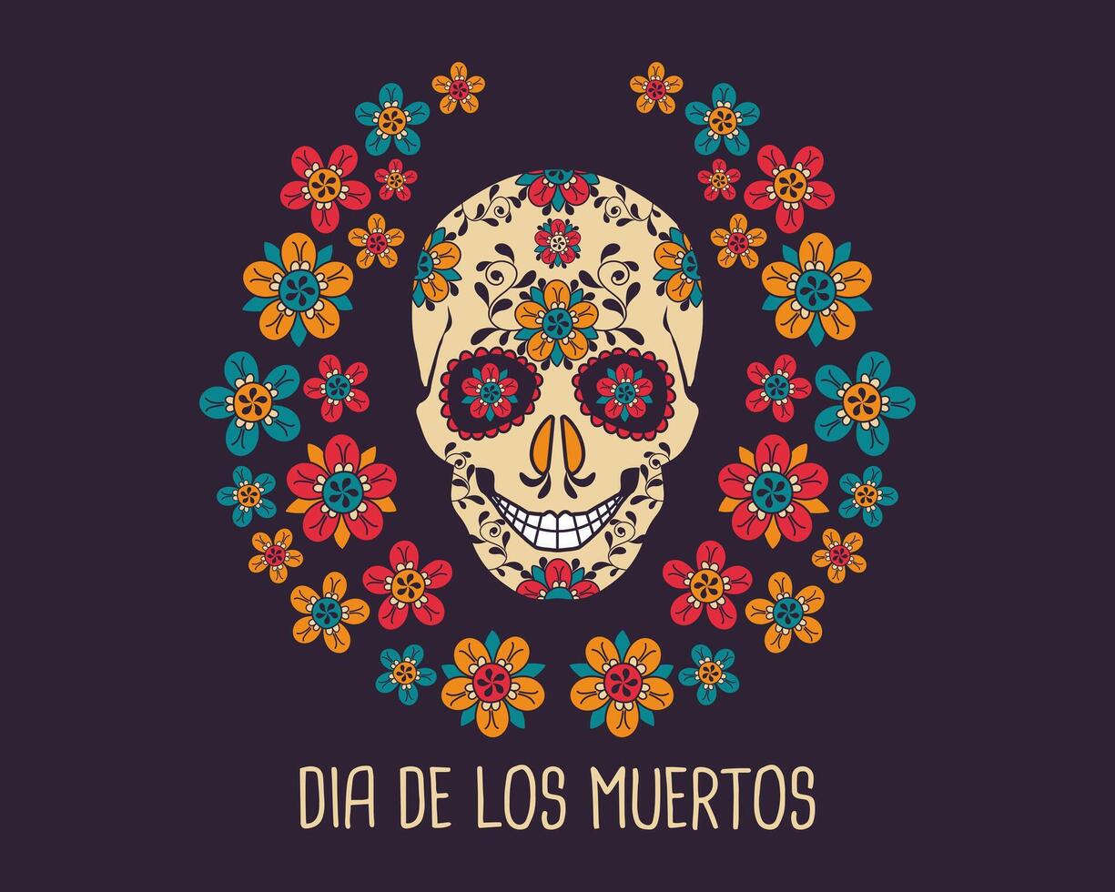 Dia de Los Muertos poster with decorated skull and flowers on a dark background. Mexican Day of the Dead. Banner with traditional Mexican floral elements. vector
