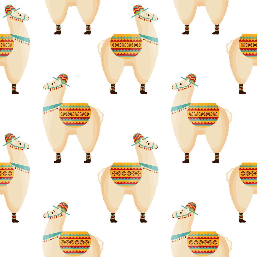 Seamless pattern, cute llamas in a hat with a saddle, mexican alpaca. Background, print, children's textile vector