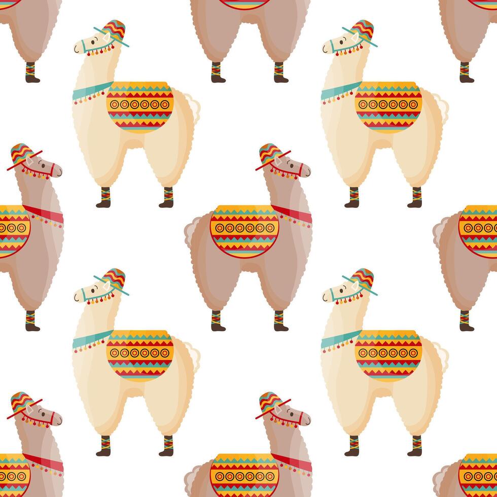 Seamless pattern, cute llamas in a hat with a saddle, mexican alpaca. Background, print, children's textile vector