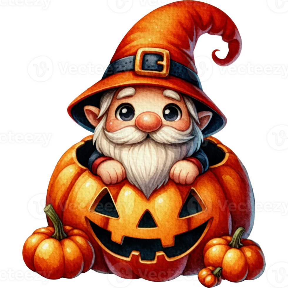 Gnome sitting in Big Pumpkins Halloween adorable watercolor nursery clipart png