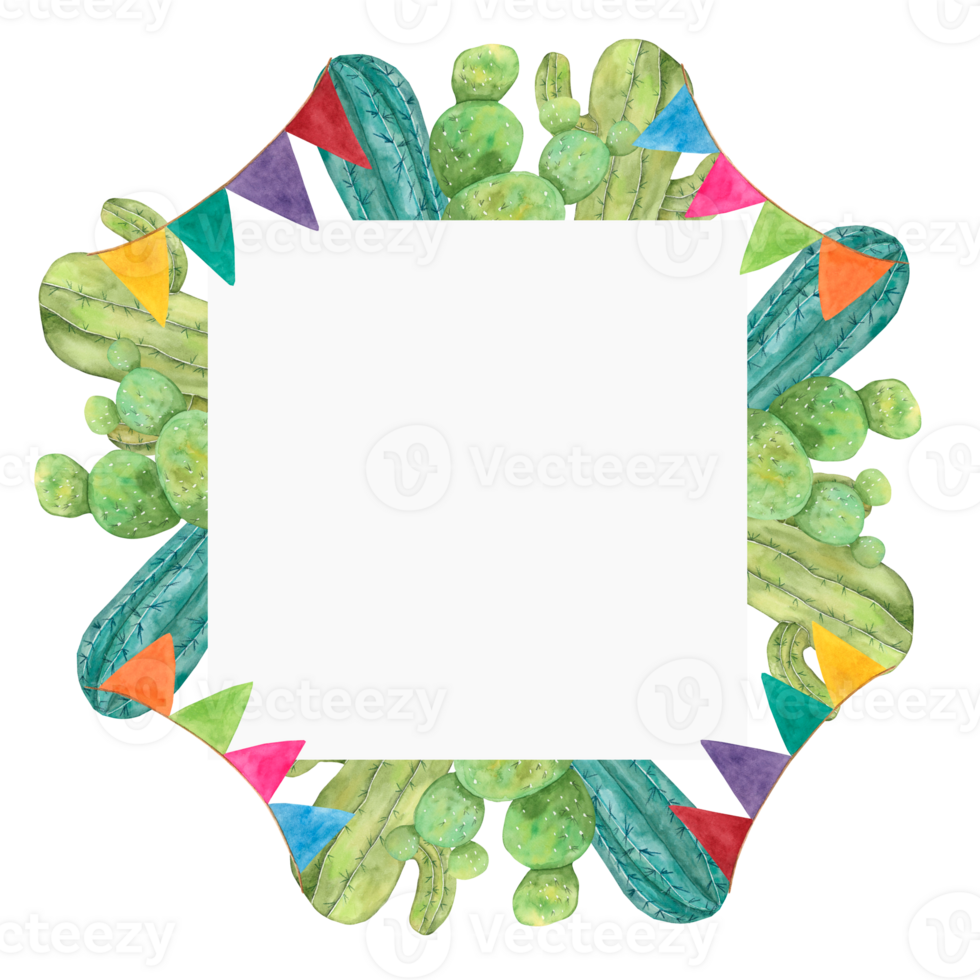 Square template frame with cacti and paper flags Cinco de Mayo. Hand drawn colorful watercolor clipart. Design in geometrical form for cards, invitations, flyers png