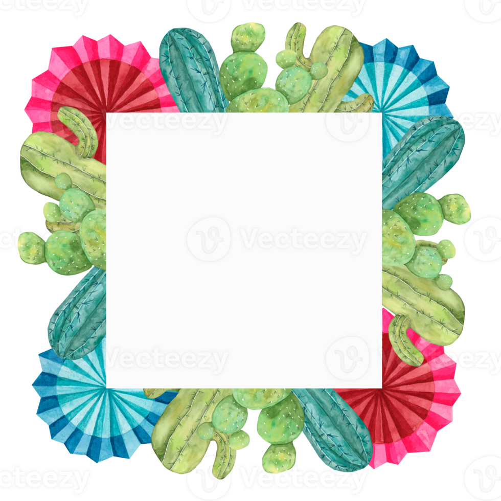 Square template frame with cacti and Mexican fiesta paper flower fans for Cinco de Mayo. Hand drawn colorful watercolor clipart. Design in geometrical form for cards, invitations, flyers png