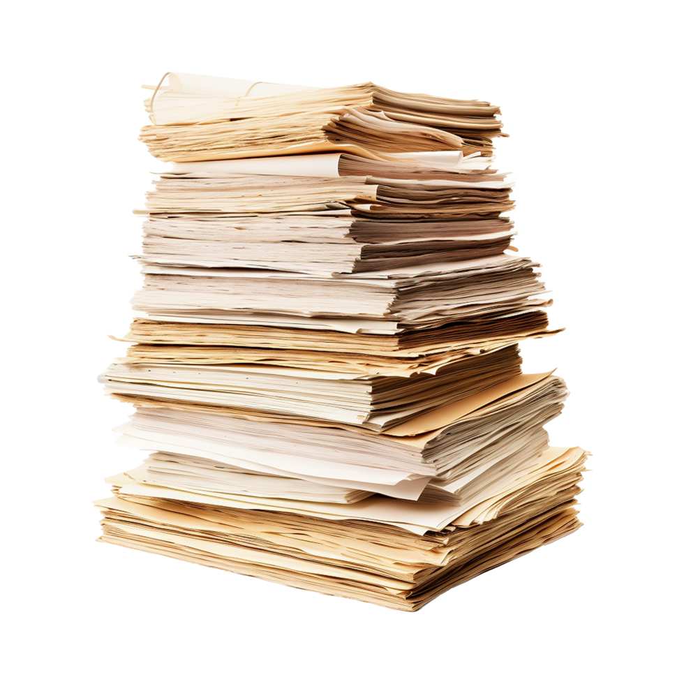 Old paper documents with a sheet of paper isolated on transparent background png