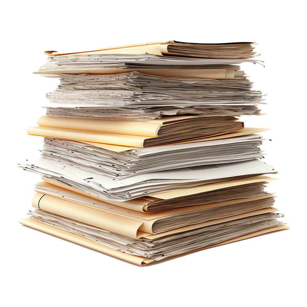 Old paper documents with a sheet of paper isolated on transparent background png