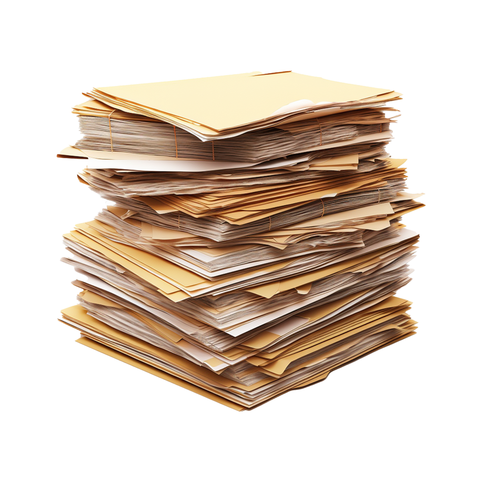 Old paper documents with a sheet of paper isolated on transparent background png