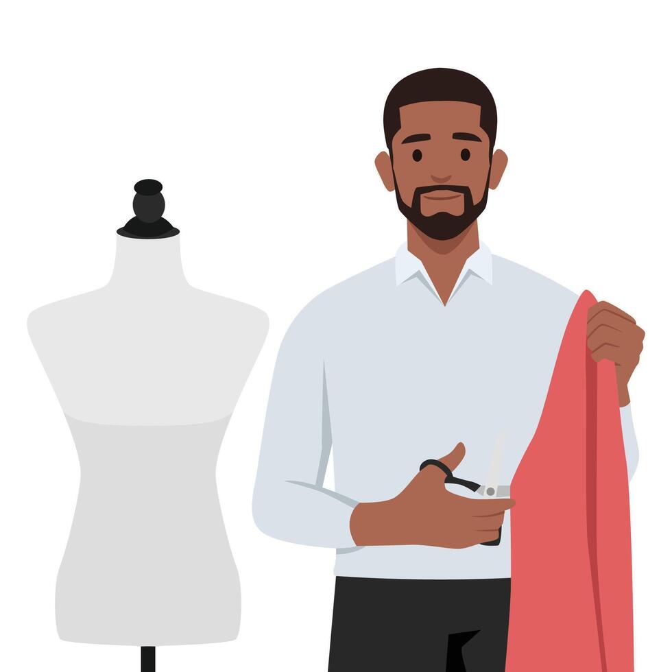 Young dressmaker designer holding scissors and cloth looking at the camera. vector