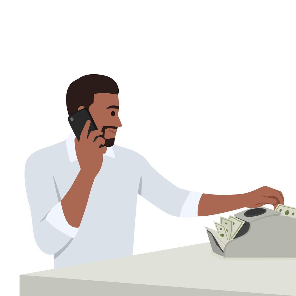 Young bearded man using banknote counter and talking on phone with client. vector