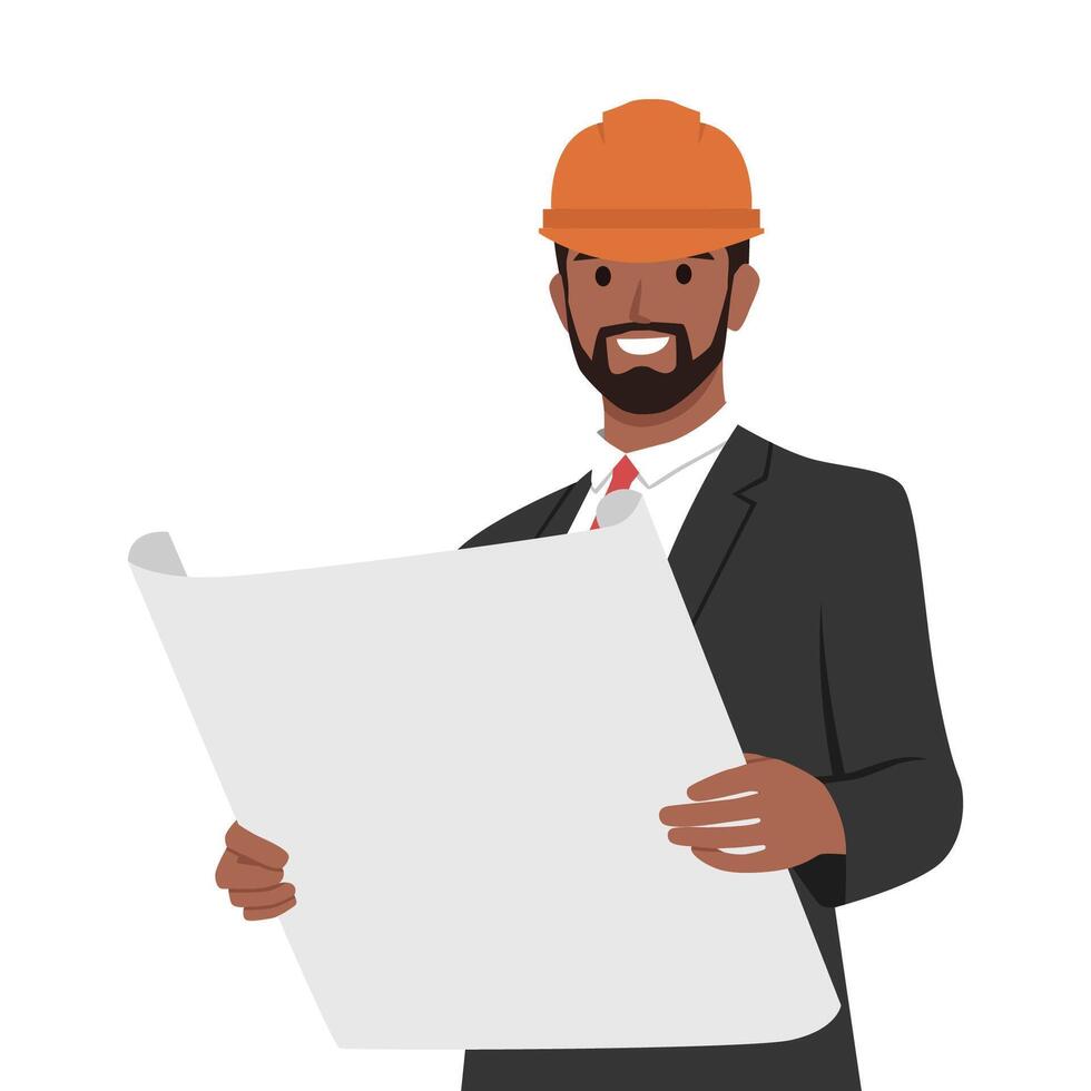 Young bearded businessman engineer developer holding blueprint. vector