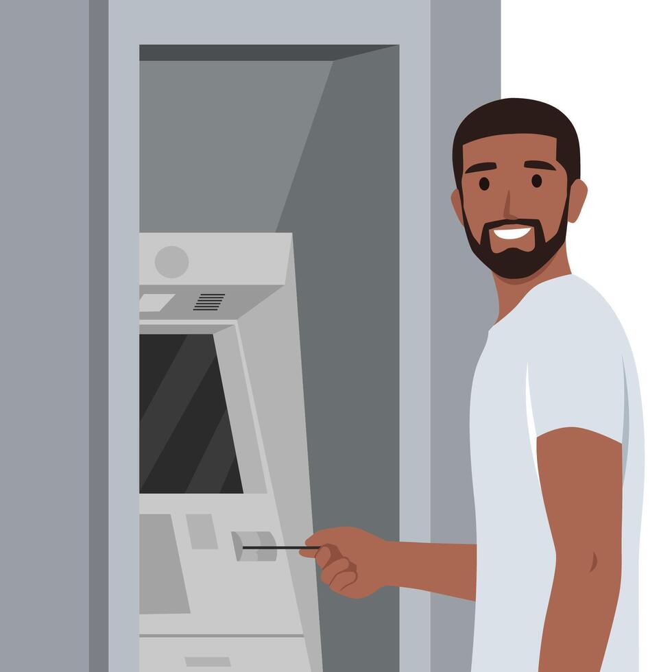 Withdrawing money on atm. Young man standing entering pincode on atm machine for getting money cash. vector