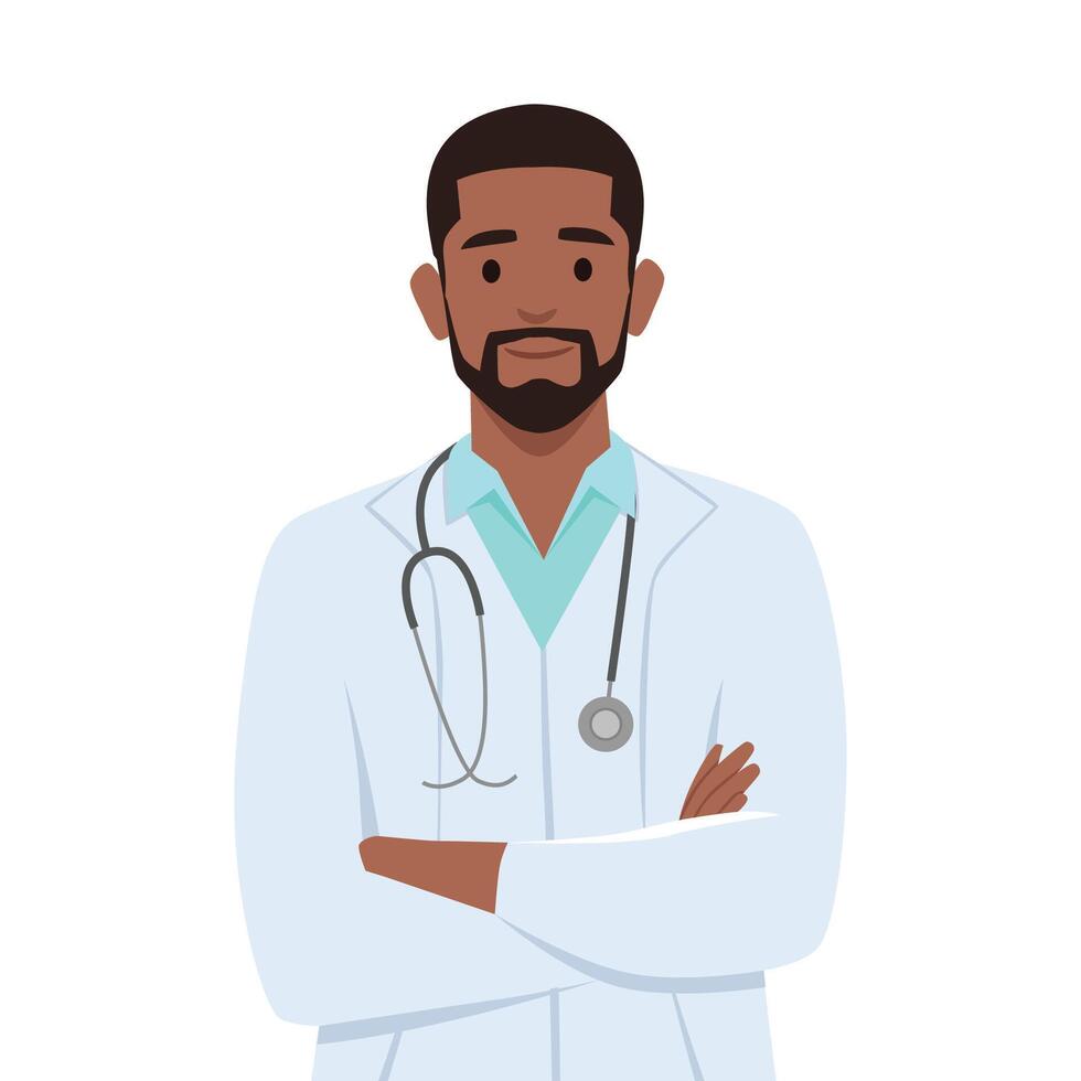 Young doctors in white medical coats standing with arms folded. vector