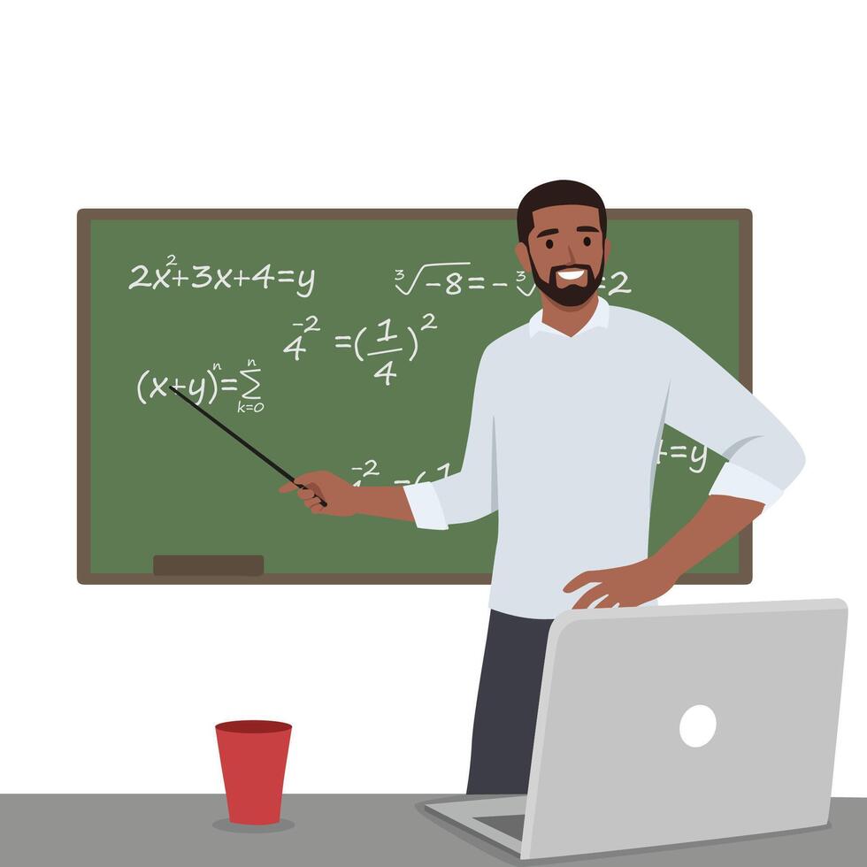 Young high school teacher teach math online through laptop in classroom. vector