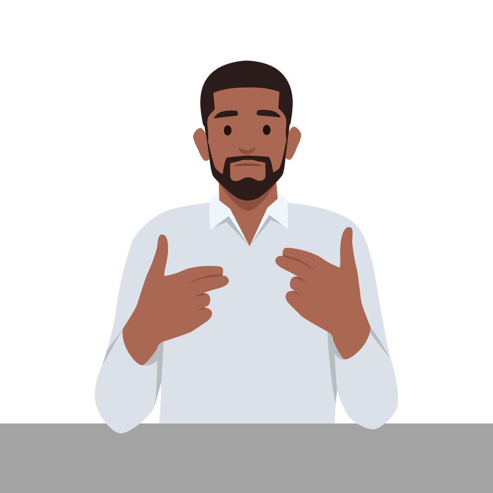 Young man speaks with his partner sitting at a table in the office at home. vector