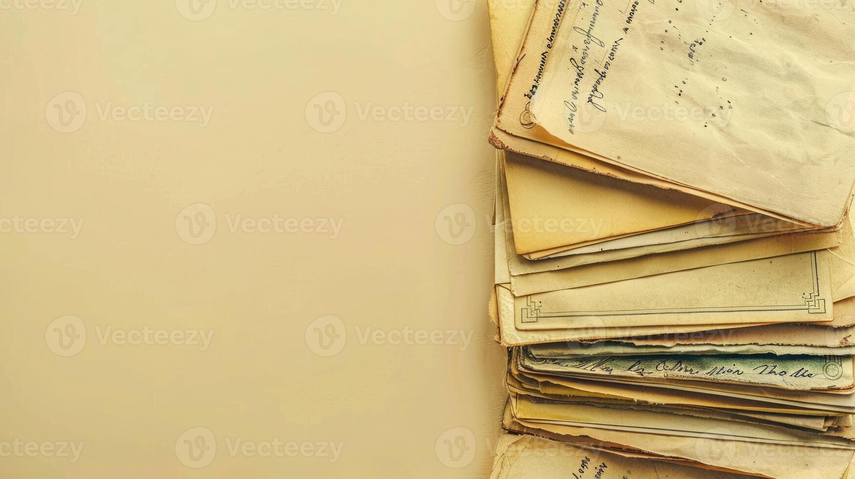 Stack of vintage letters on a pale yellow background with ample copyspace, evoking nostalgia and charm photo