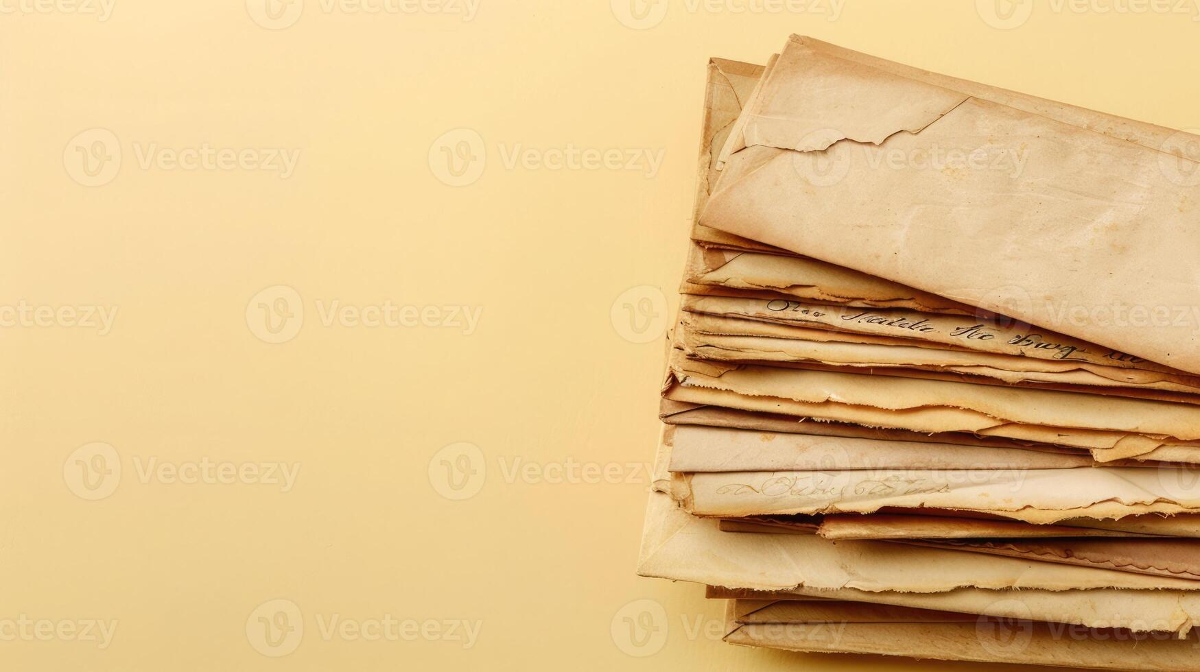 Artistic stack of vintage letters on a pale yellow background with generous copyspace photo
