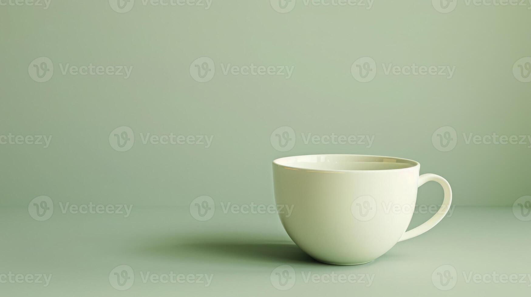 Ceramic tea cup on a light sage green background with ample copyspace, minimalist design photo
