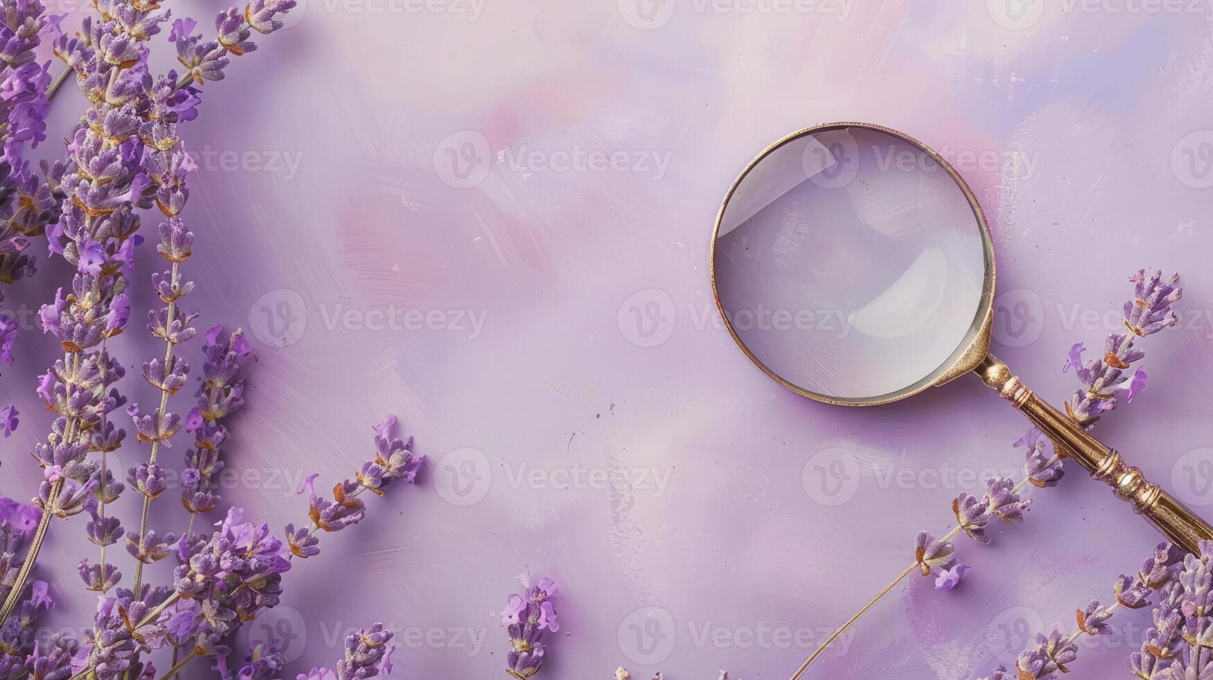 Antique magnifying glass on a light lavender background with ample copyspace, vintage design photo