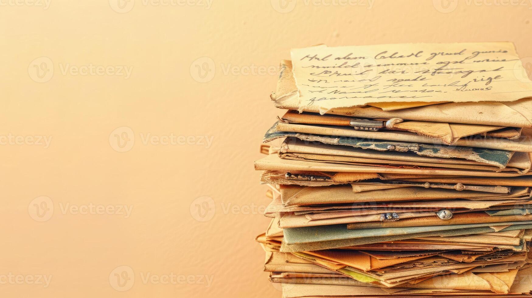 Elegant stack of vintage letters on a serene pale yellow background, ideal for creative copyspace photo