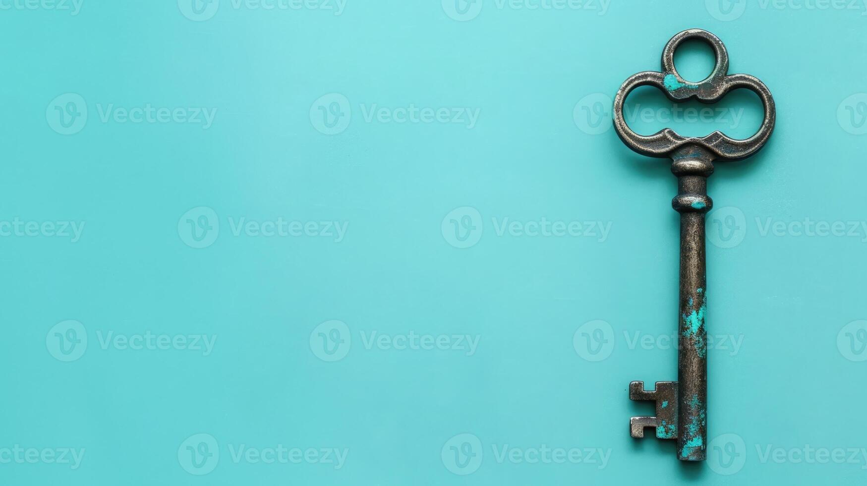 Antique key on a pastel teal background with ample copyspace, perfect for creative projects photo