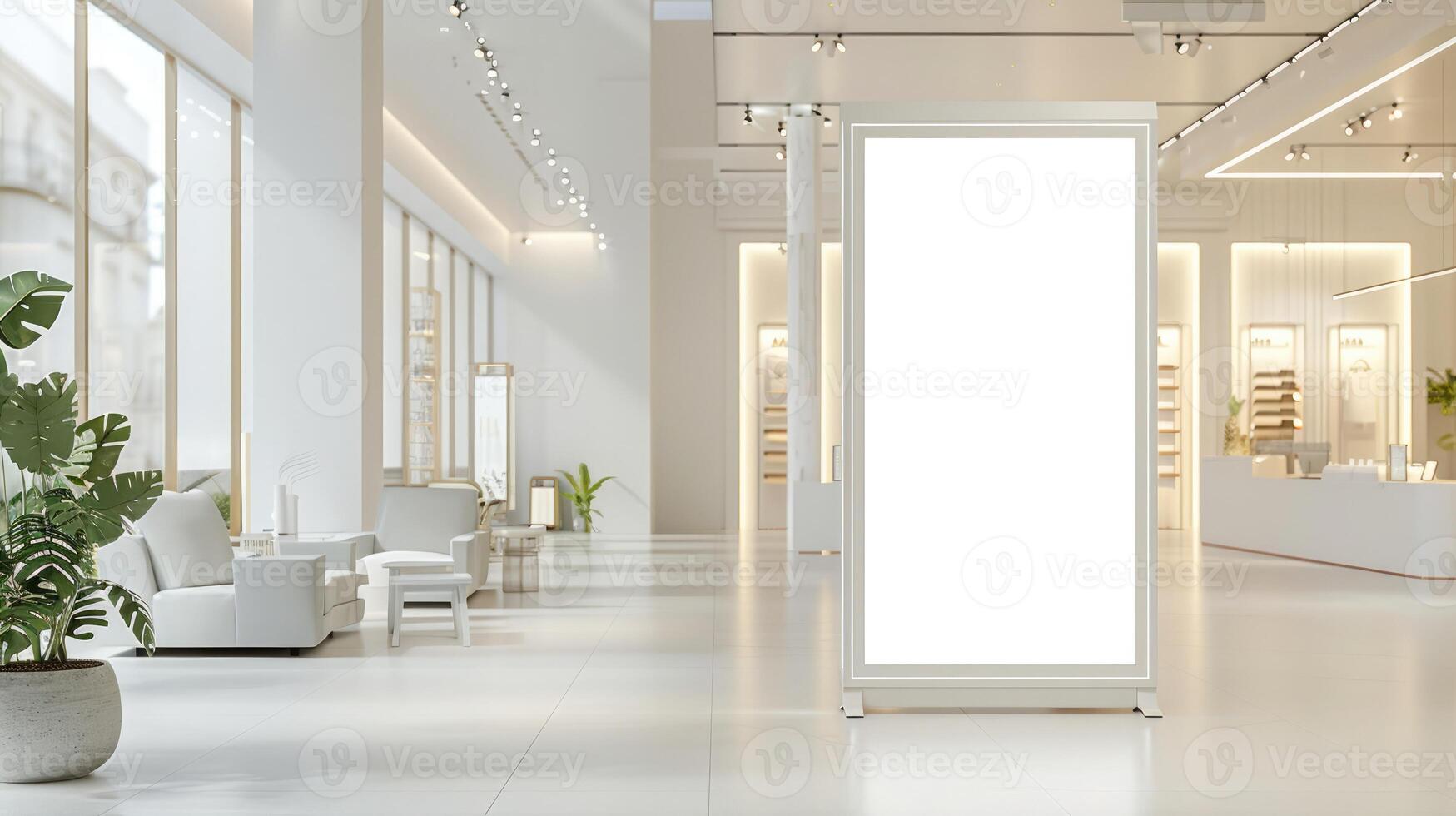 Customizable roll-up mockup poster in a modern retail store, ideal for promotional displays or product showcases, light background. Roll up mockup poster photo