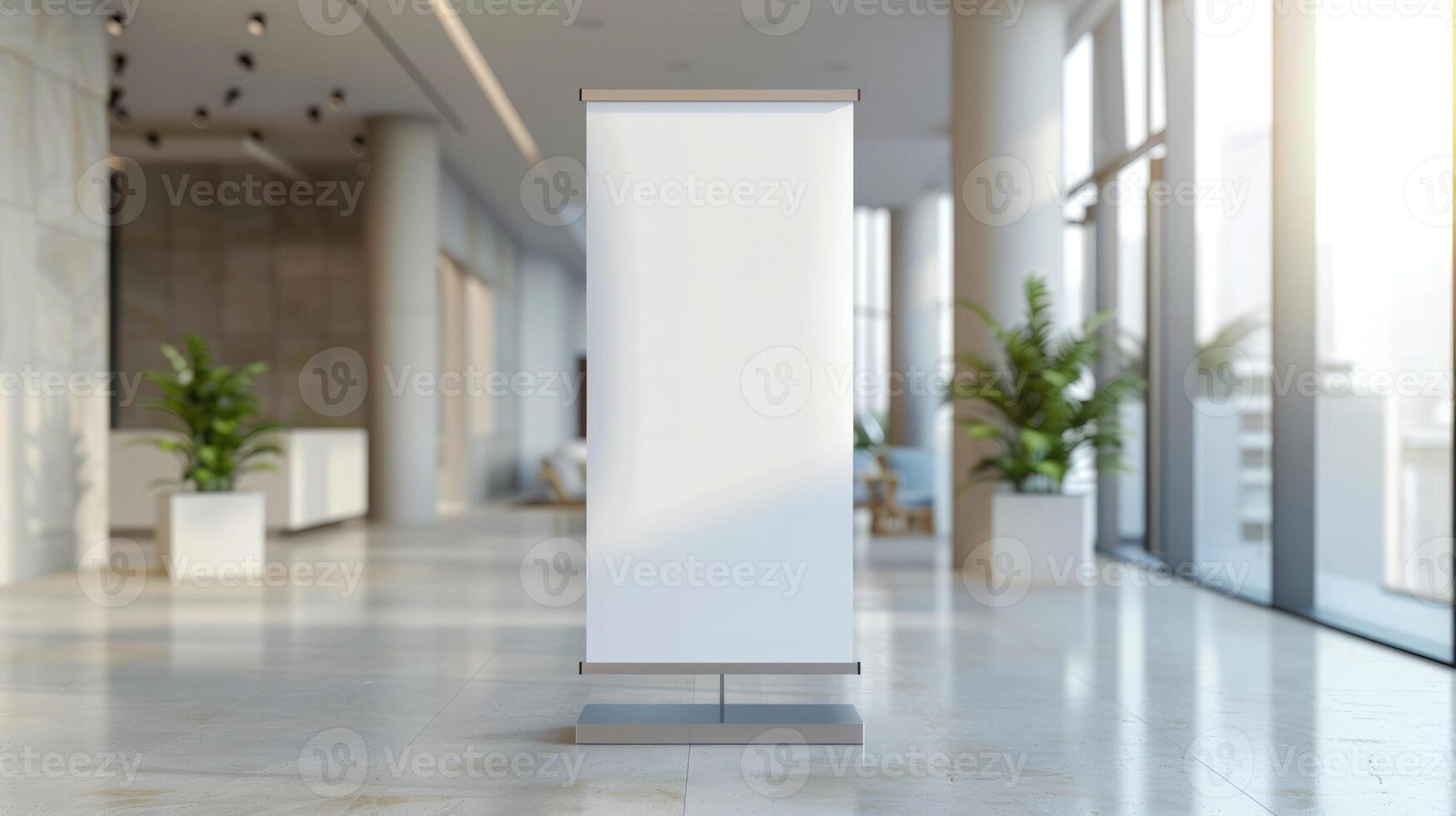Customizable roll-up mockup poster in a contemporary event space, ideal for showcasing event information or sponsor logos, clean design, minimalism. Roll up mockup poster photo