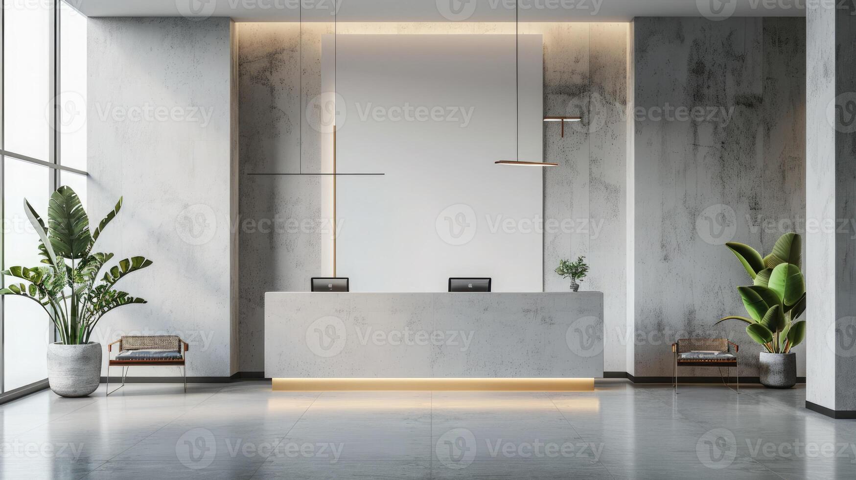 Contemporary office reception area with a blank roll-up mockup poster, perfect for branding or information, sleek design, copyspace, light background. Roll up mockup poster photo