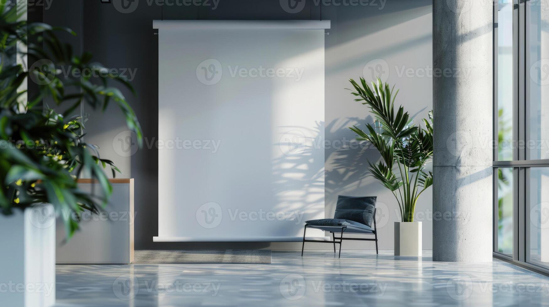 Modern office reception featuring a blank roll-up mockup poster, ready for branding, clean and minimalist design, light background. Roll up mockup poster photo