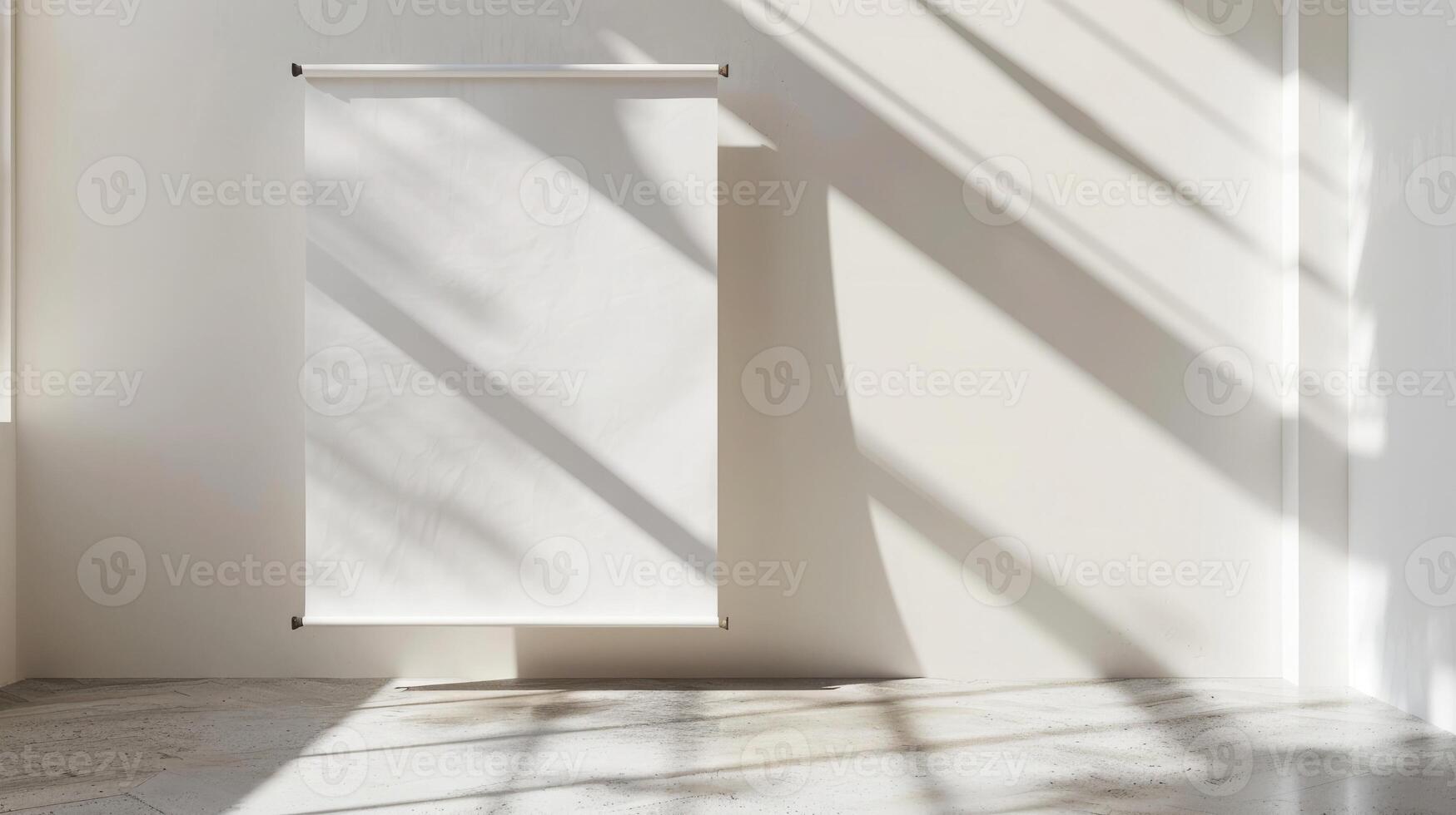White wall gallery with a clean roll-up mockup poster, light background, minimalism, ideal for artwork or announcement displays. Roll up mockup poster photo