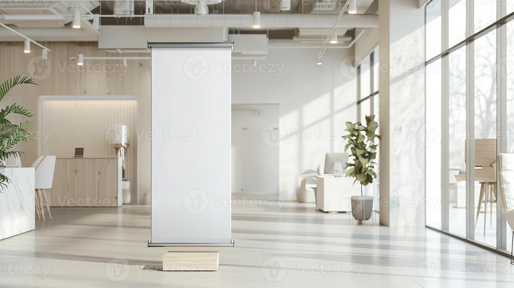 Bright and airy retail store with a sleek roll-up mockup poster, perfect for promotions or product displays, copyspace, minimalist design. Roll up mockup poster photo
