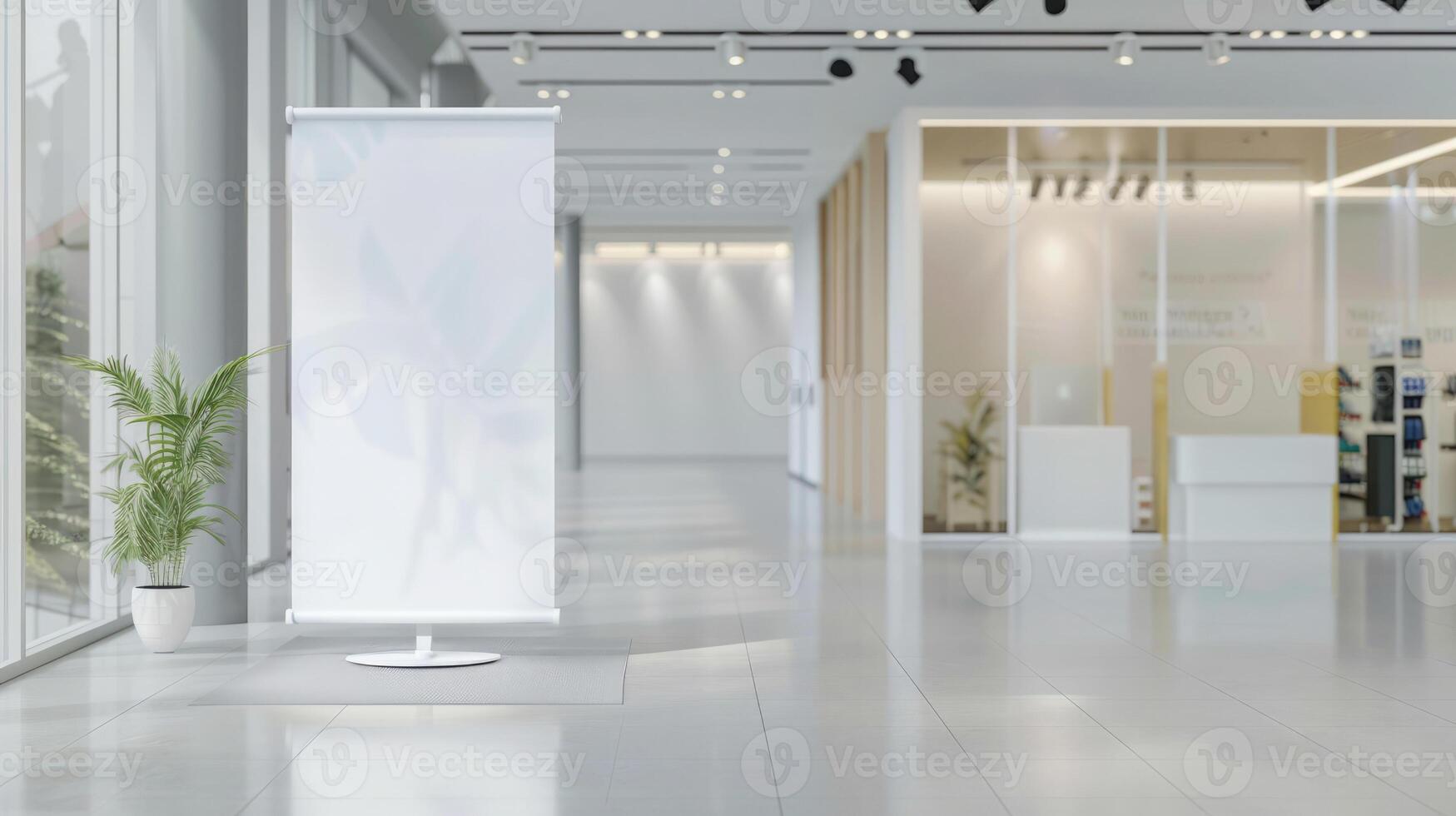 Sleek roll-up mockup poster displayed in a bright and airy retail store, customizable for promotions or product showcases, light background, minimalism. Roll up mockup poster photo