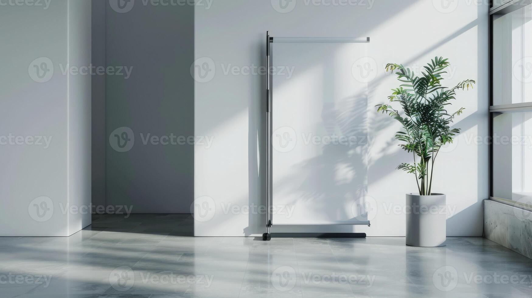 Blank roll-up mockup poster in a sleek office lobby, light background, minimalistic design, customizable space. Roll up mockup poster photo