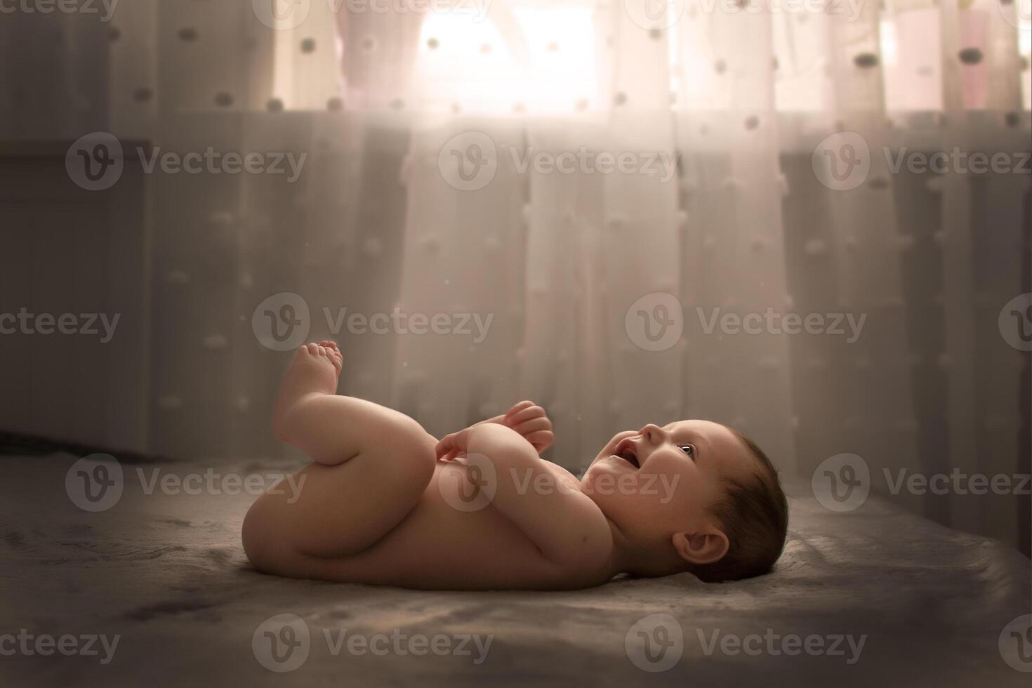 small child on the bed in front of the window photo