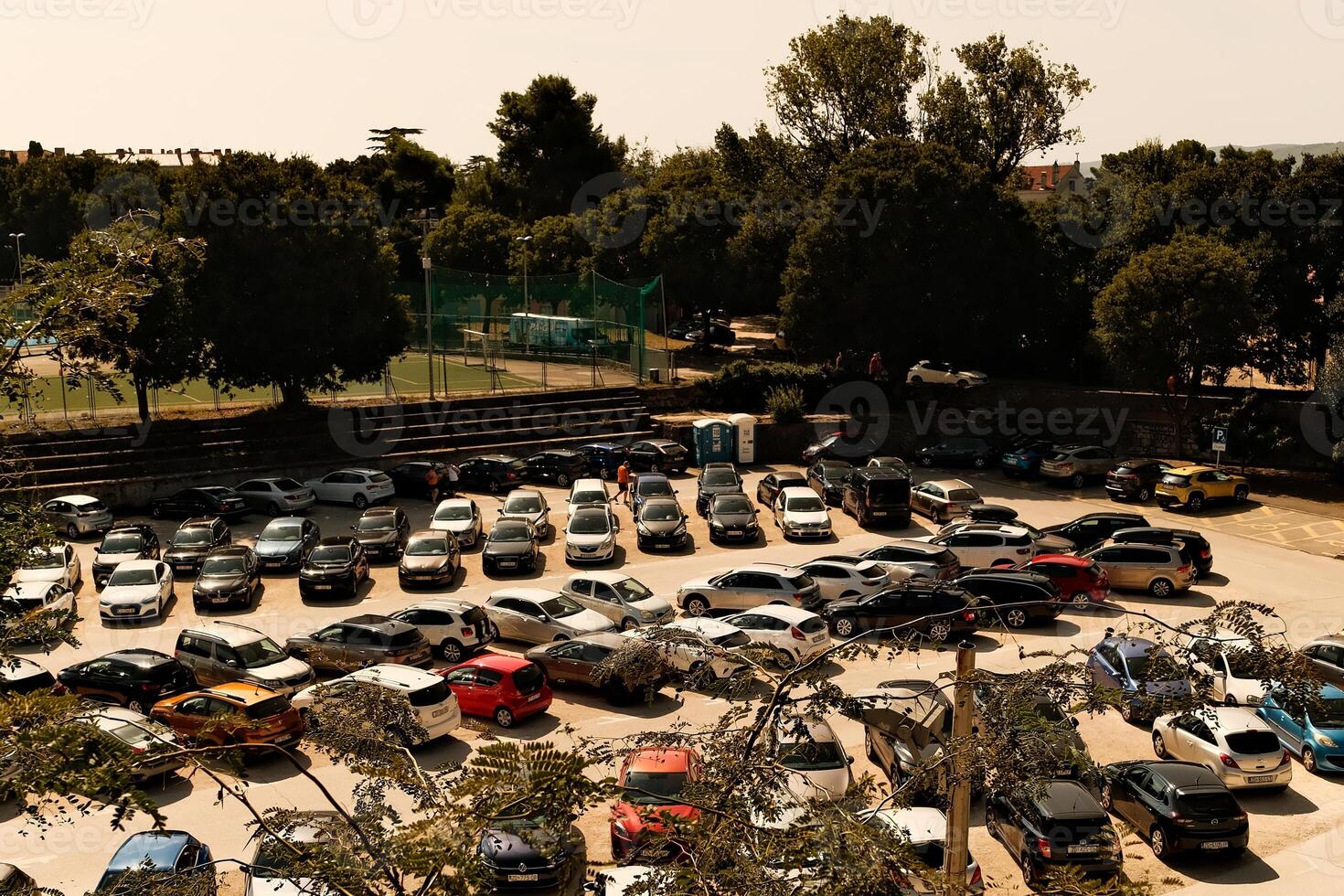 Aerial top view of new cars parking for sale stock lot row, dealer inventory import and export business commercial worldwide, Automobile and automotive industry distribution logistic global transport photo