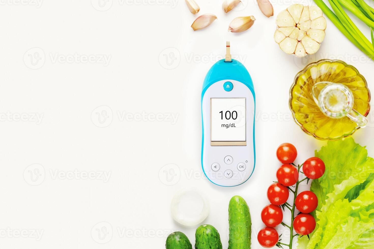 Diabetes control banner with vegetables, olive oil and glucometer photo