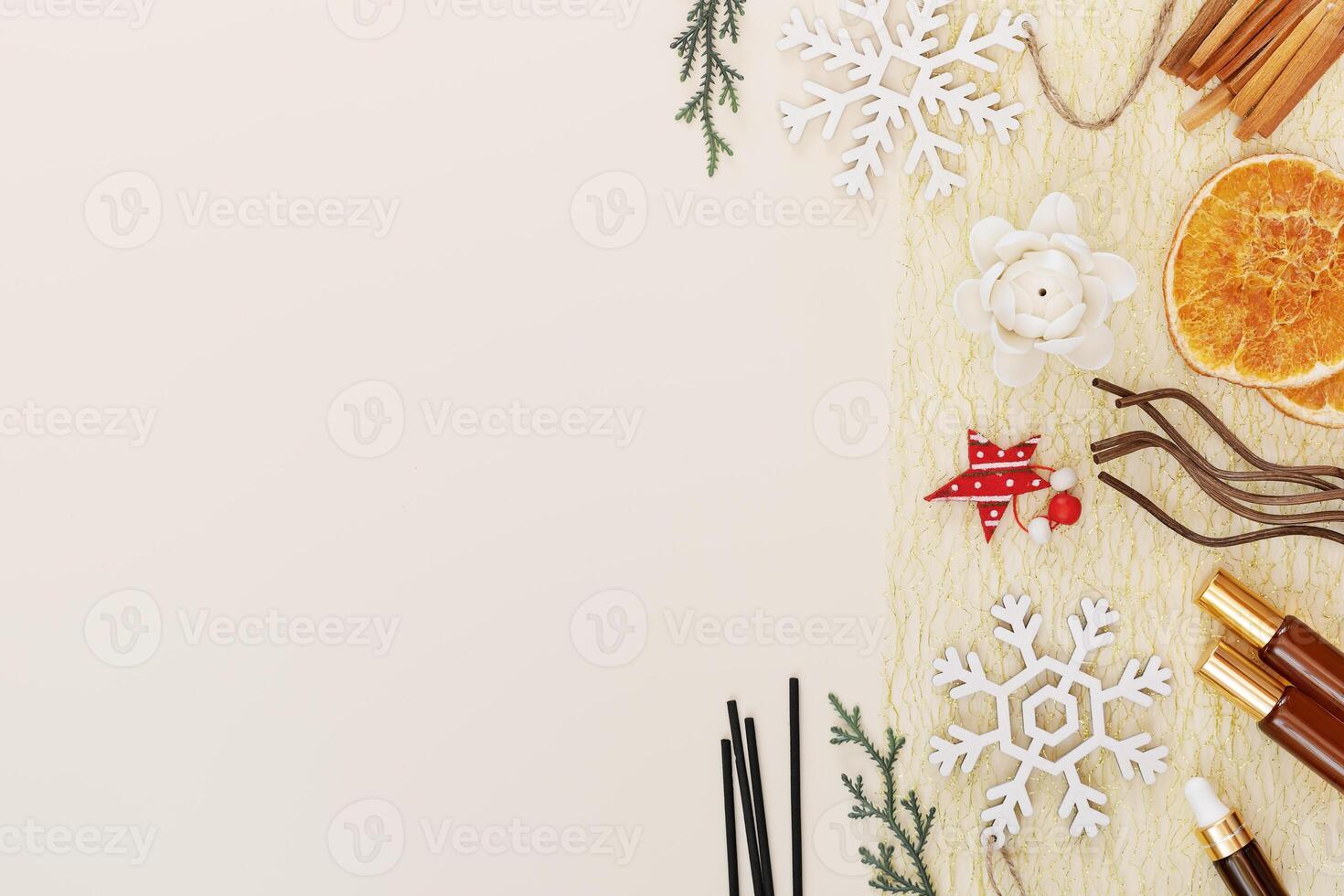 Aroma sticks, natural oils, dry fruits, sandalwood sticks and holiday decorations photo