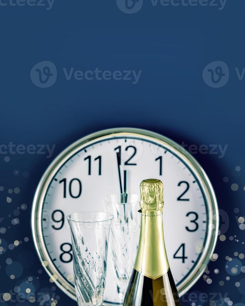 Christmas or New Year card with clock, bottle of champagne and glasses photo