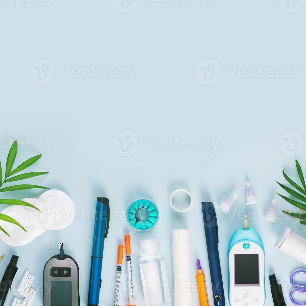 Diabetic disease banner with palm leaves and copy space photo