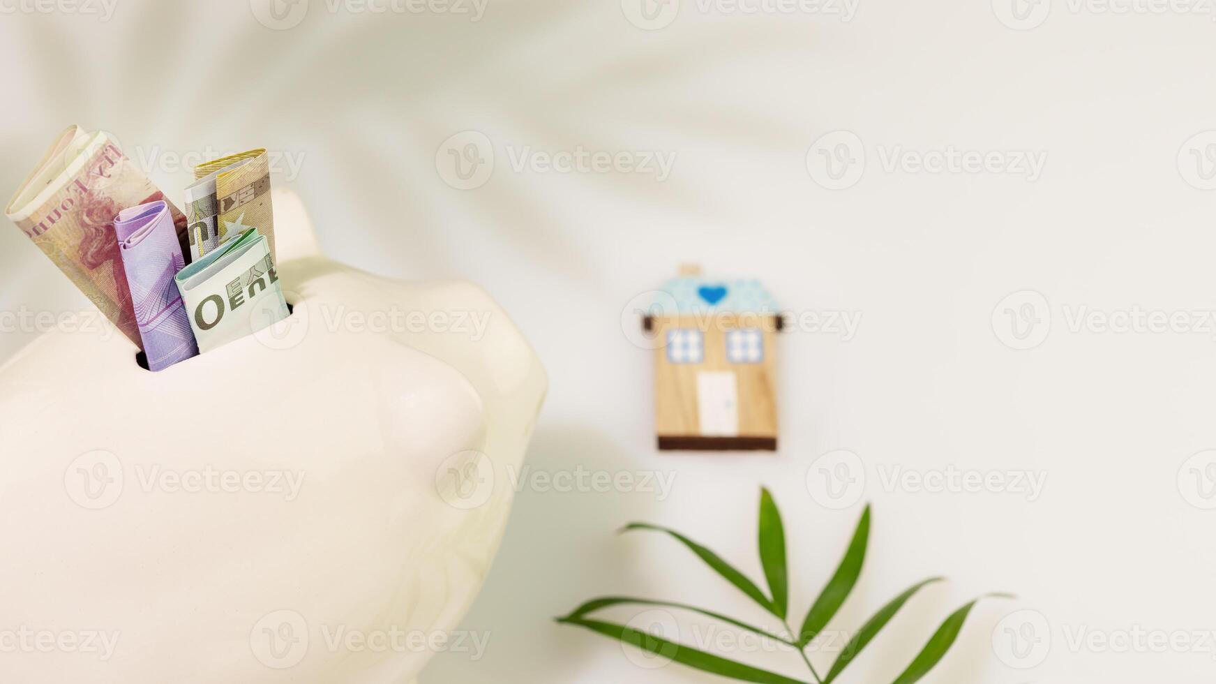 A piggy bank with money from different countries and a house photo