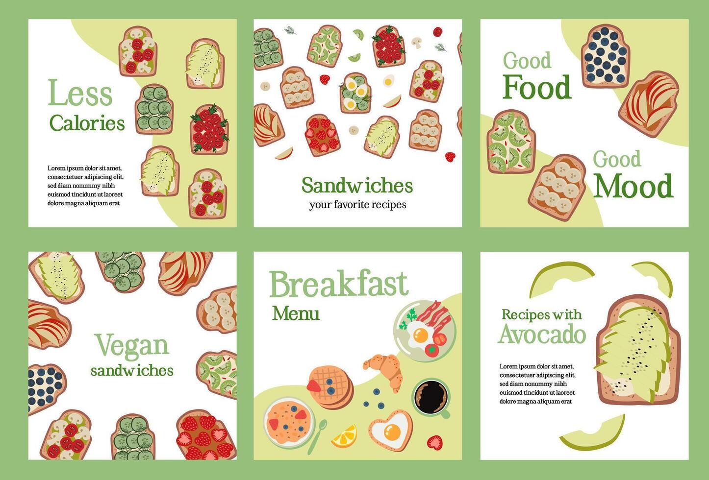 Vegan social media post templates. Recipes for healthy eating illustration. Set on white background. Breakfast sandwiches with different sweet toppings. vector