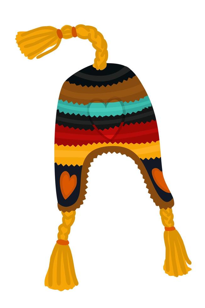 Bright warm knitted striped hat with tassels. isolated illustration vector