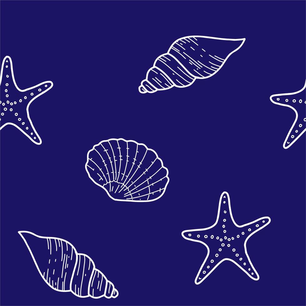 Under the Sea Hand drawn Seamless Pattern with Starfish and Seashells on dark blue background. illustration, line art isolated on white background. For fabric, wallpaper and marine beach design vector